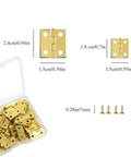 Gold Tone Mini Hinges For Crafts And Small Boxes 60 Pack With 96 Screws display showing hinge sizes and screws in a plastic case