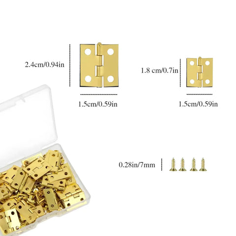 Gold Tone Mini Hinges For Crafts And Small Boxes 60 Pack With 96 Screws display showing hinge sizes and screws in a plastic case