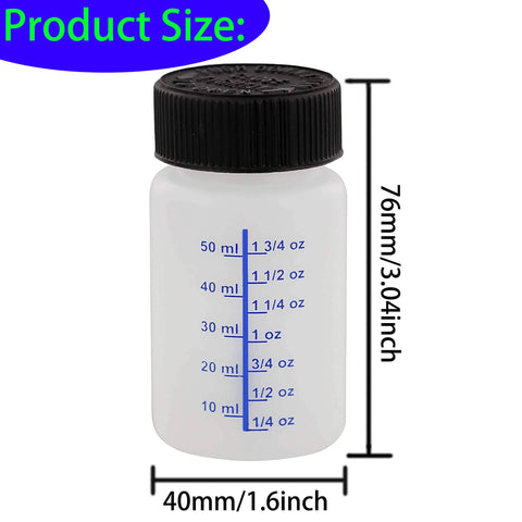 Six Pack 2 Ounce Empty Paint Touch Up Bottles With Brush Applicator And Mixing Marbles for size reference with measurements