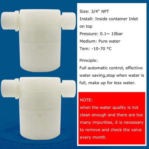 Two Pack Three Quarter Inch Side Inlet Float Valve For Water Tanks, No Fuss Easy Install, Automatic Refill Stop When Full