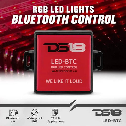 LED Bluetooth RGB Controller For Speakers, BT 4.0 With Longer Range, IP65 Waterproof, 12V Marine Grade, showing control module