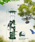 Six Port Metal Bird Feeder For Outdoors Real Sturdy Tube Style Design Heavy Duty Squirrel Proof Lid Weather Resistant Easy Fill And Clean 13 Inch Long Backyard Feeder shown with birds feeding.