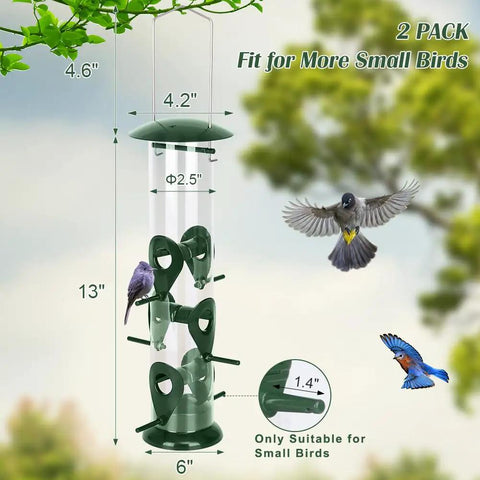 Six Port Metal Bird Feeder For Outdoors Real Sturdy Tube Style Design Heavy Duty Squirrel Proof Lid Weather Resistant Easy Fill And Clean 13 Inch Long Backyard Feeder shown with birds feeding.