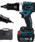 Pro Grade No Nonsense Cordless Electric Rivet Nut Gun with rechargeable battery showing detail of the tool and battery.