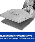 Close-up of pliers and seamers with forged head cuts 18 gauge metal, showing precise measurement increments and durable design.