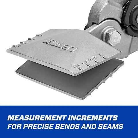 Close-up of pliers and seamers with forged head cuts 18 gauge metal, showing precise measurement increments and durable design.