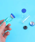 Sibba 10-pack 5ml glass injection vials with blue caps; transparent glass with rubber stoppers