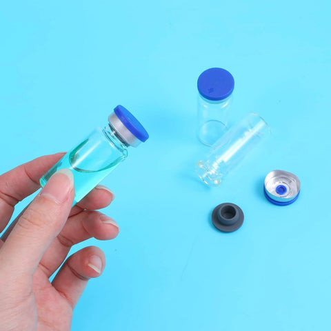 Sibba 10-pack 5ml glass injection vials with blue caps; transparent glass with rubber stoppers