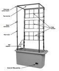 Tomato Garden Planting Grow System With A 10 Gallon Planter And A 4 Foot Trellis Tower On Wheels, labeled diagram of parts
