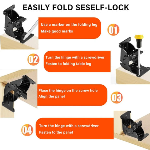 Built Tough Steel Folding Brackets With Self Locking Zero To One Eighty Degree Pivot Hinge No Sweat Setup Screws Smooth Adjust installation steps