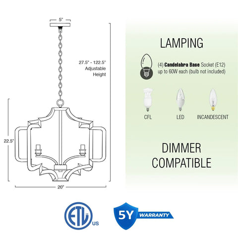 Diagram of Atwood 23 Inch Four Light Farmhouse Pendant Light Chandelier details showing measurements and bulb types, ETL certified.