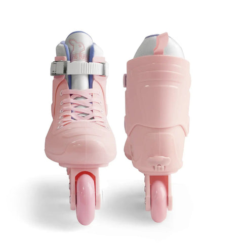 Women Inline Skates Adjustable Size Roller Blades For Adults With Hard Shell ABEC 7 Bearings And Triple Protection Safety Buckle Strap Lace Closure shown from front and back view