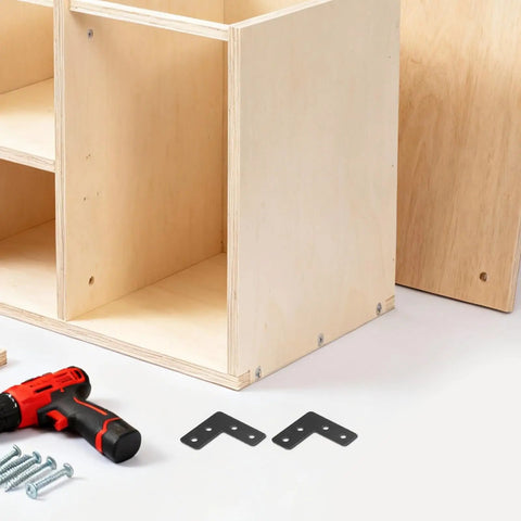 Beefy Built Heavy Duty L Shape Corner Brackets 20 Pcs Black Stainless Steel 1.6 By 1.6 Inch next to wooden shelf and drill