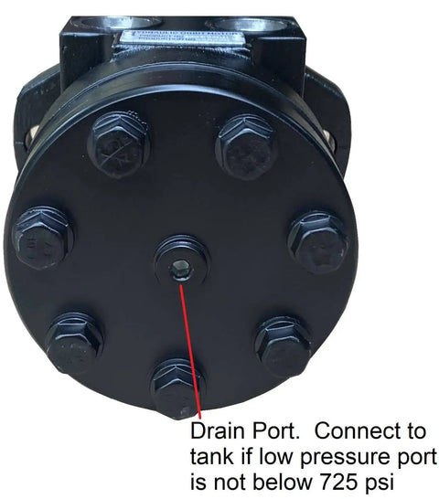 Hydraulic High Torque Orbital Motor 2 Bolt SAE A Flange rear view showing drain port, 500cc, industrial use, Geroler design.