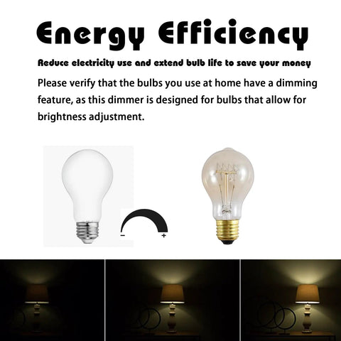 Energy efficiency guide with dimmable bulbs, adjustable brightness settings, and Plug In Lamp Dimmer Switch With 6 Foot Cord Rotary Dial Control For 120V 150W Dimmable Lights, Perfect For Christmas Village House Displays, Salt Lamps, And Flexible String Lights.
