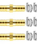 Three Eighths Inch Brass Hose Barb Splicer Mender Fittings With Six Stainless Steel Pipe Clamps For Water Fuel And Air Hoses 10 Millimeter Inner Diameter Ideal For Automotive Marine RV And Workshop Use Durable Brass Construction For Long Lasting
