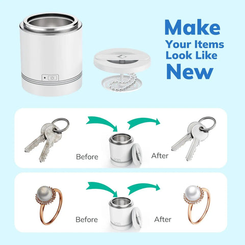 Portable Ultrasonic Jewelry Cleaner 42kHz 7.4 Oz 220ml Deep Cleaning Machine before and after cleaning keys and rings