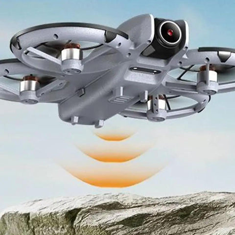 Mini Drone For Kids Super Easy To Fly With 3D Flips And 360 Degree Rotation, hovering above rocky terrain