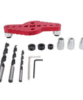 Premium Aluminum Self Centering Dowel Jig Kit Featuring Stainless Guiding Rings set with drill bits, guide sleeves, and tools.