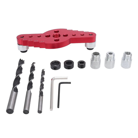 Premium Aluminum Self Centering Dowel Jig Kit Featuring Stainless Guiding Rings set with drill bits, guide sleeves, and tools.