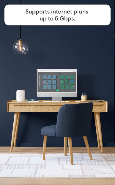 Tri-Band Mesh Wi-Fi 7 Router For Large Homes, Gig Speed 5 Gbps Internet Speeds, 8000 Sq Ft Coverage, 4 Pack on wooden desk