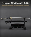 Wakizashi Iaito Training Sword Unsharpened Stainless Steel For Iaido Practice, 21 Inch Blade With Bo Hi on display stand