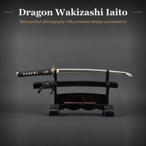 Wakizashi Iaito Training Sword Unsharpened Stainless Steel For Iaido Practice, 21 Inch Blade With Bo Hi on display stand