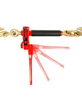 4 Pack Folding Handle Load Binder With 2 Grab Hooks For 5/16-3/8 Grade 70 Transport Chain Heavy Duty Industrial Grade Ratchet Tie Down 7,100 Lb Working Load Limit For Trailers And Trucks, showing red folding handle in motion with hooks.