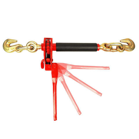 4 Pack Foldable Handle Load Binder With 2 Grab Hooks For 7,100 Lb Working Load Limit Fits Five Sixteenth To Three Eighth Inch Grade Seventy Chains Beefy Heavy Duty Ratcheting Tie Down Tool For Secure Hauling, shown with foldable handle and grab hooks.