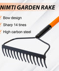 Heavy Duty Bow Rake With 14 Tines And Fiberglass Handle 58 Inch Length Durable Steel Head Anti Rust Welded Joints image