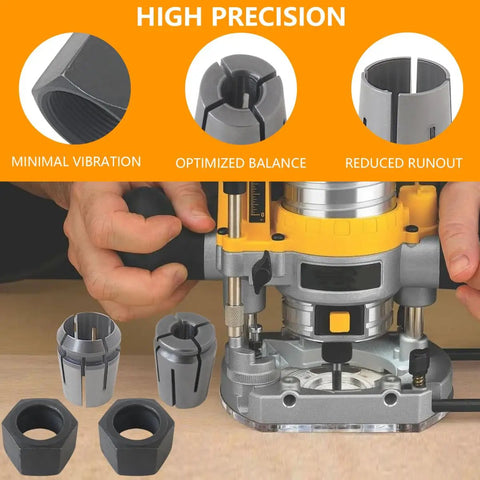 Upgraded Dual Size Collet Kit For Routers With 1/2 Inch And 1/4 Inch Collets Includes Parts 326286-03 And 326286-04 Compatible With Dewalt DW618B3 And MRC23EVSK Pro Grade Replacement Set For Quick Clean Cuts displayed with precision router setup