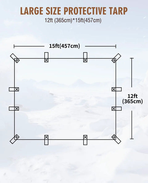Diagram of Rugged Ready To Roll Heavy Duty Waterproof 12x15 Ft Tarp With 20 Mil Thickness And Sturdy Reinforced Webbing Loops.