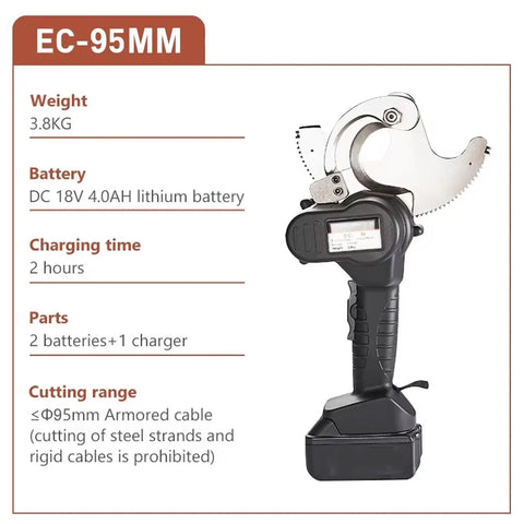 Beast Mode Rechargeable Ratchet Cable Cutter For Copper Aluminum And Armored Cables Up To 95Mm with battery details.