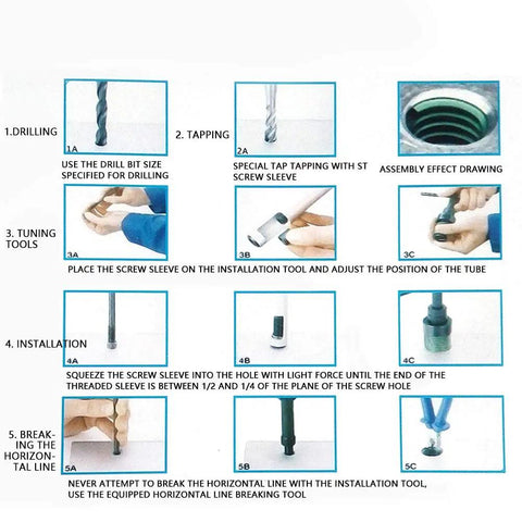 Thread Repair Insert Kit 4 20 UNC System 12 Pack Wire Screw Sleeve Pro Grade Heavy Duty installation steps diagram