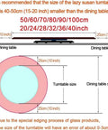Size recommendation diagram for Large 36 Inch Tempered Glass Lazy Susan Turntable With Silent Smooth 360 Rotation.