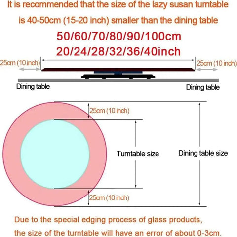 Diagram showing sizing recommendations for Smooth Operator 34 Inch Lazy Susan Turntable With Slick Tempered Glass Dining Table Insert.