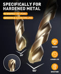 Close-up of Cobalt Drill Bit Set 21 Pcs M35 HSS Pro Grade Heavy Duty Twist for Hardened Metal with 135° split point tips.