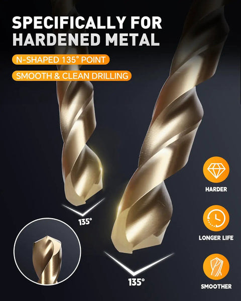 Close-up of Cobalt Drill Bit Set 21 Pcs M35 HSS Pro Grade Heavy Duty Twist for Hardened Metal with 135° split point tips.