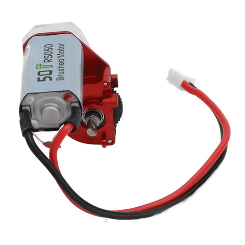 Heavy Duty RC Gearbox With 050 50T Steel Motor For RC Cars showing brushed motor with red alloy housing and wires.