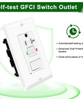 Rock Solid GFCI Switch Outlet Combo With 20 Amp Capacity And Tamper Proof Shield For Indoor Outdoor Install Featuring Clear Led Status and ETL Certification.