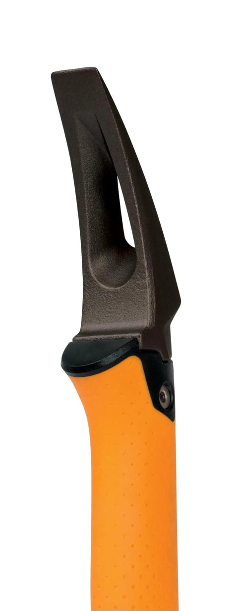 Close-up of IsoCore Wrecking Bar 18 Inch Board Bender And Crowbar With Shock Absorbing Handle showing metal prying end and orange grip.