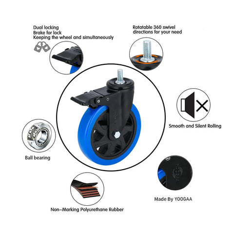 Heavy Duty Swivel Caster Wheels With Dual Locking Brakes And Half Inch 13 By 1 Threaded Stems Set Of Four close-up showing blue rubber wheel and brake mechanism.