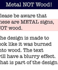 Text explaining that the aluminum garage sign is metal, not wood, with a wood-burned look and intentional blurry design.