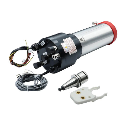Kickass 1500W Water Cooled ATC Spindle With Automatic Tool Changer And Electronic Starter, silver spindle with connectors and tool holder.