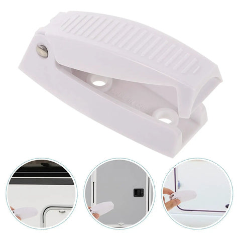 Upgraded Stainless Steel Rv Baggage Door Catch For Trailers And Motor Homes With Quick Install Abs Retainer Clip To Secure Cargo Access On Your Camper Or Travel Rig, white clip shown from top view.