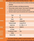Specifications and advantages of 100% polyester continuous filament embroidery thread, highlighting 120D/2 and 5,000M spool size.