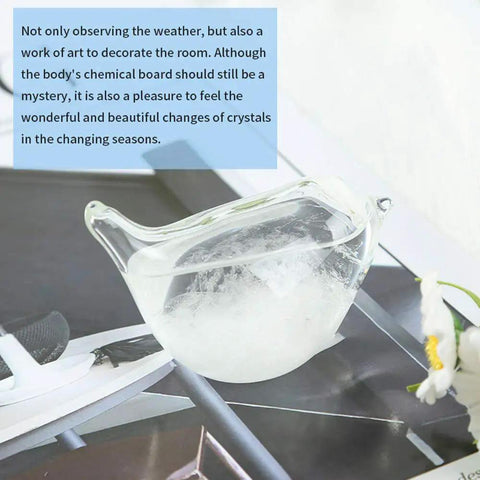 Storm Glass Weather Forecaster Water Drop Predictor on glass table showing crystal formations, home and office decor