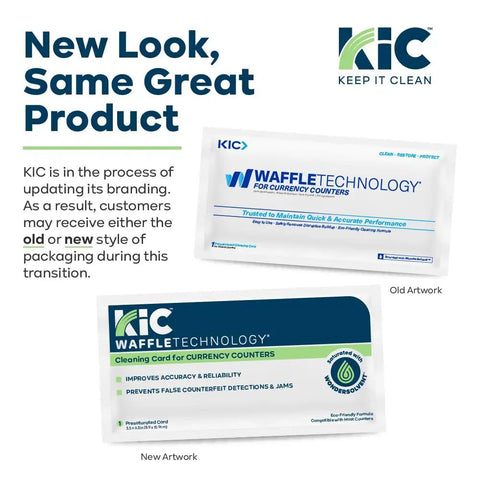Waffletechnology Cleaning Cards For Money Counter Machine shown with new and old packaging during a branding update.
