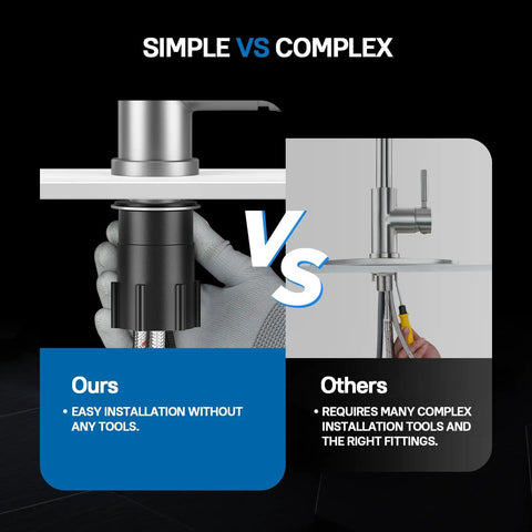 High Arc Brushed Nickel Kitchen Faucet With Pull Down Sprayer showing easy install vs complex installation comparison