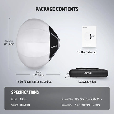 Package contents showing Basics Lantern Softbox 26 Inch Quick Release Diffuser With 360 Degree Omnidirectional Lighting, Bowens Mount
